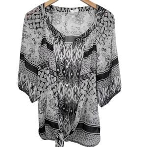 Dressbarn Womens Top Blouse 2X Black White Sheer Boho Shirt Tie Front Floral